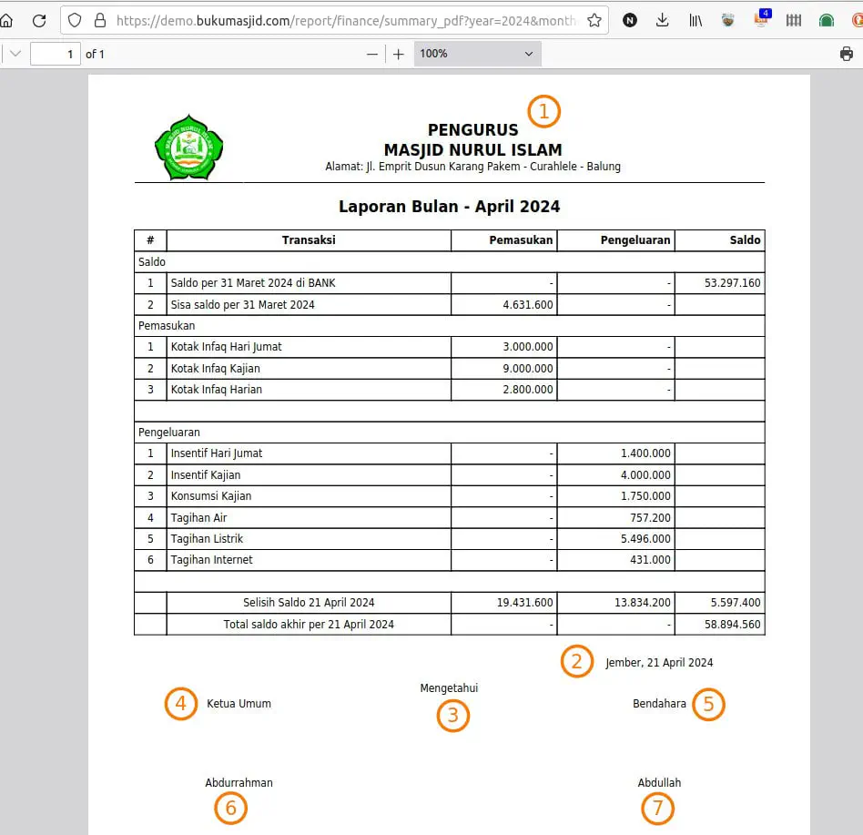 Pengaturan Kepanitiaan pada Cetak PDF Laporan