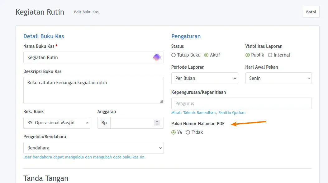 Aktif/Non Aktif Penomoran Halaman Laporan PDF per Buku Kas Masjid