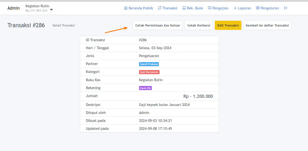 Tombol Cetak Permintaan Kas Keluar