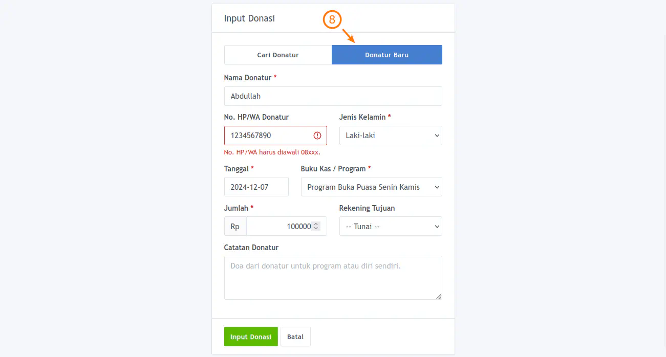 Input Donasi dari Donatur Baru