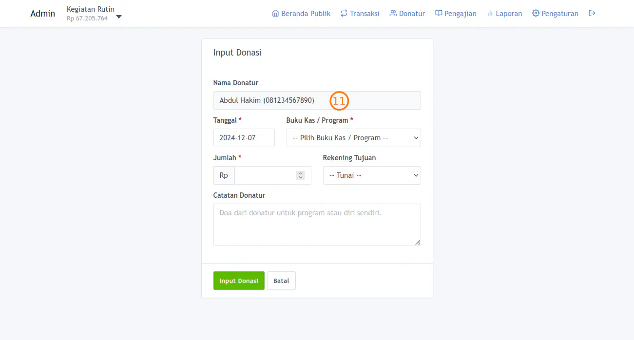 Input Donasi dari Detail Donatur